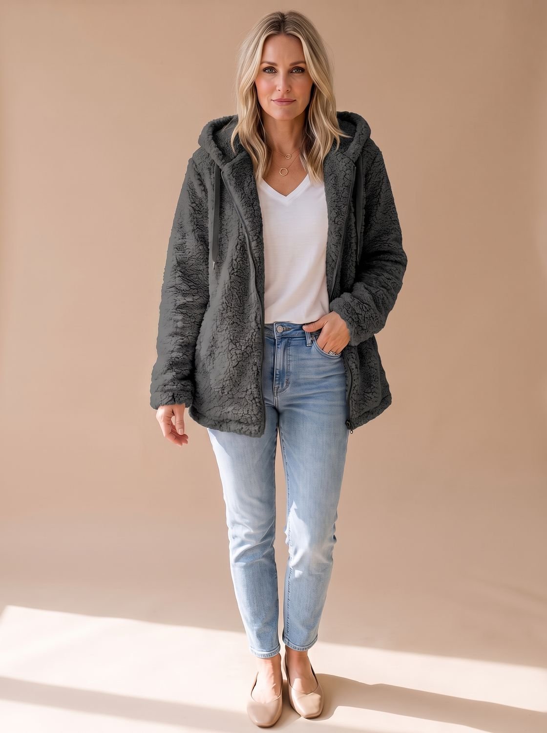 Evelyn | Manteau zippé en polaire teddy oversized pour femmes