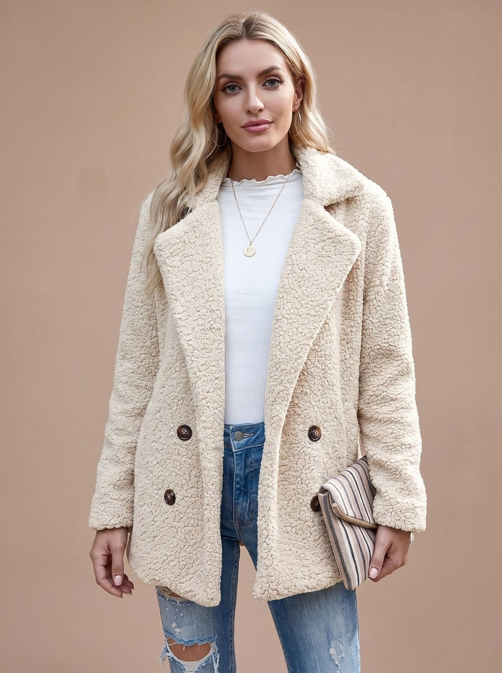 Layla | Veste Teddy Oversize Femme à Double Boutonnage et Revers Notché