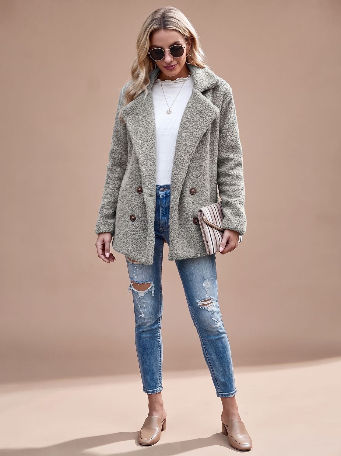 Layla | Veste Teddy Oversize Femme à Double Boutonnage et Revers Notché