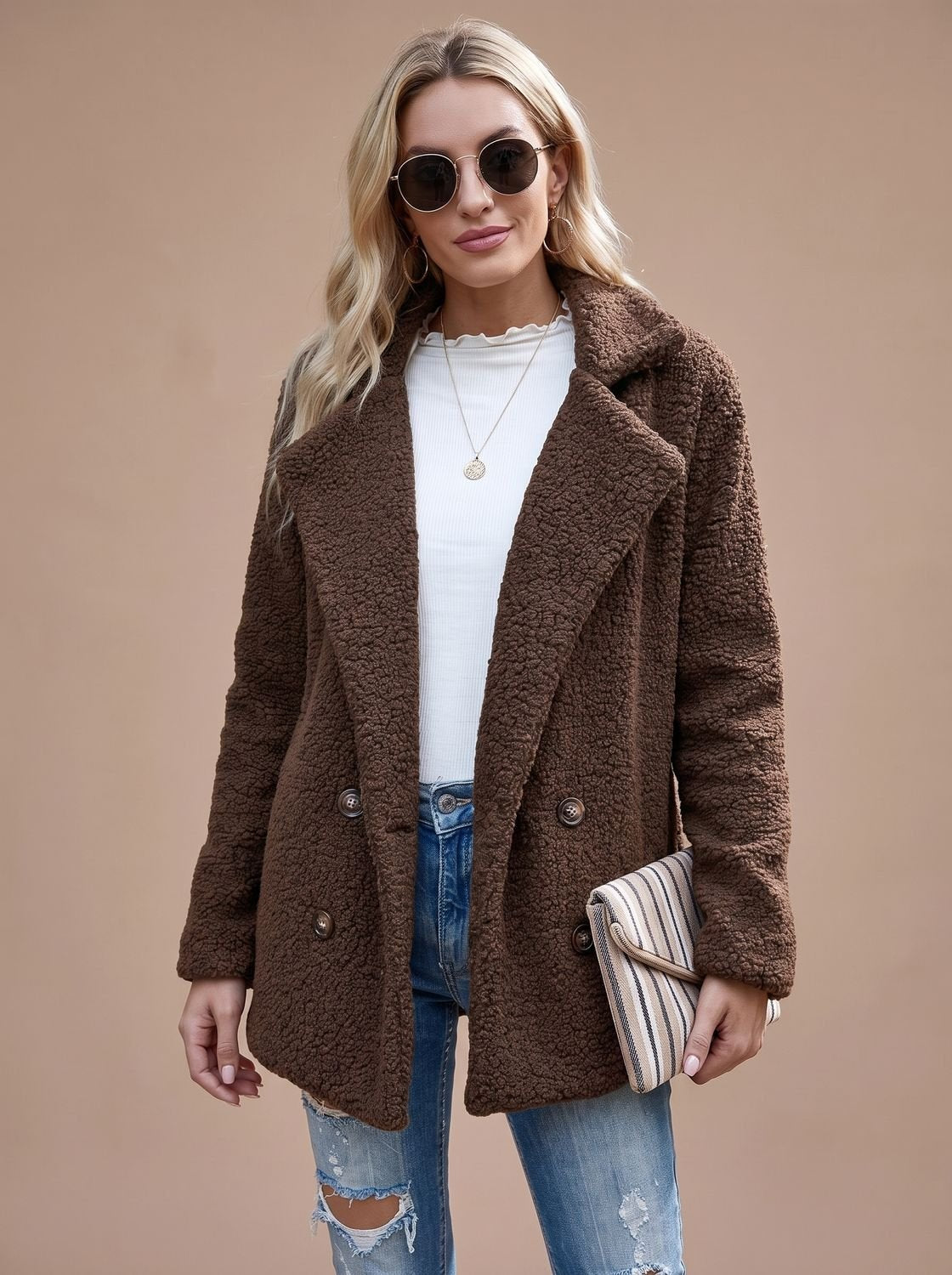 Layla | Veste Teddy Oversize Femme à Double Boutonnage et Revers Notché