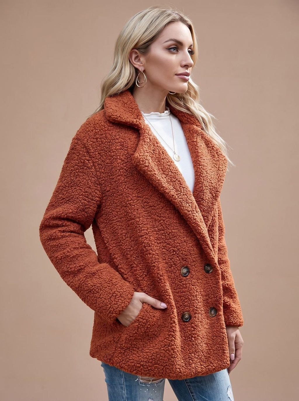 Layla | Veste Teddy Oversize Femme à Double Boutonnage et Revers Notché