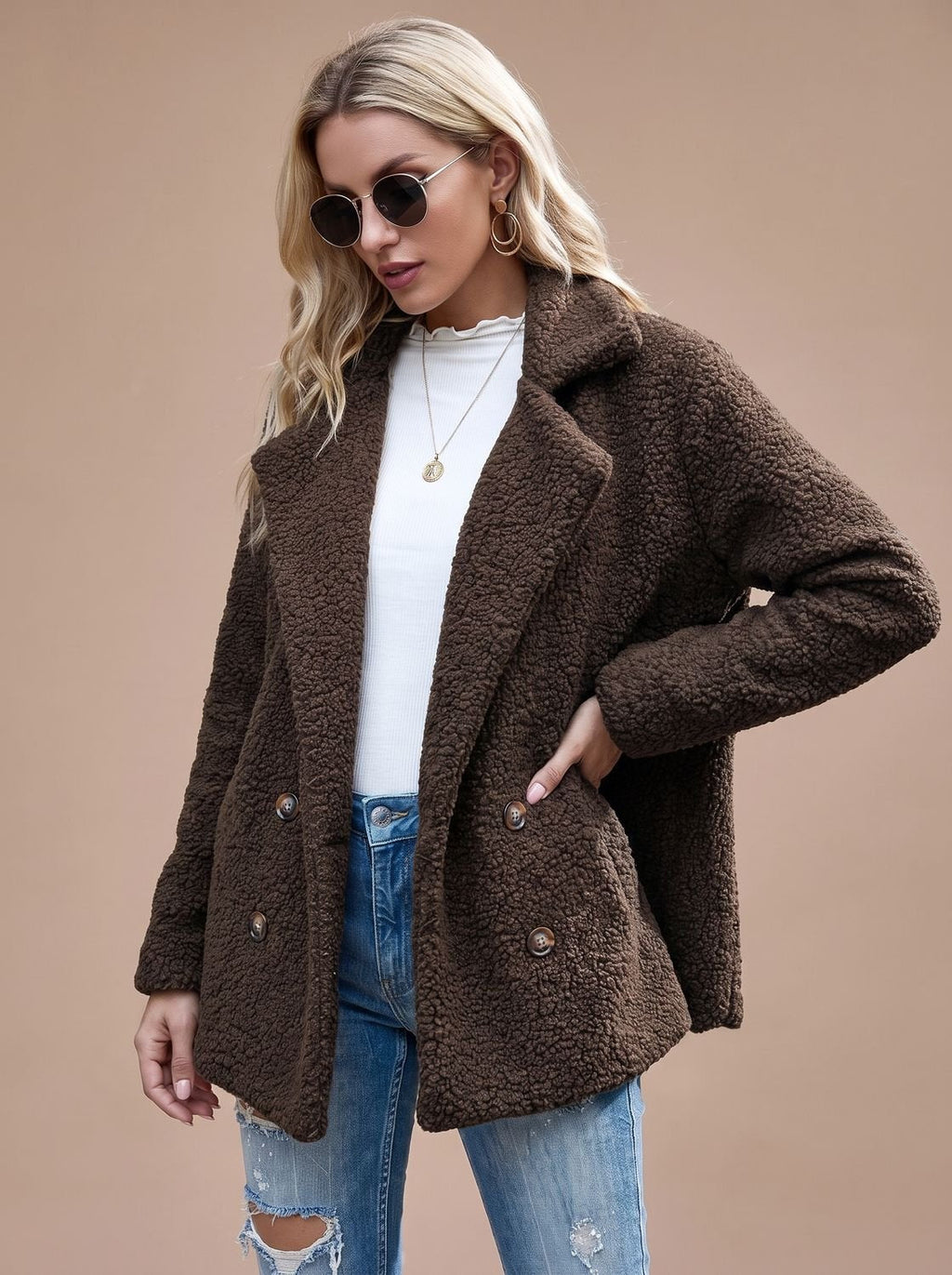 Layla | Veste Teddy Oversize Femme à Double Boutonnage et Revers Notché