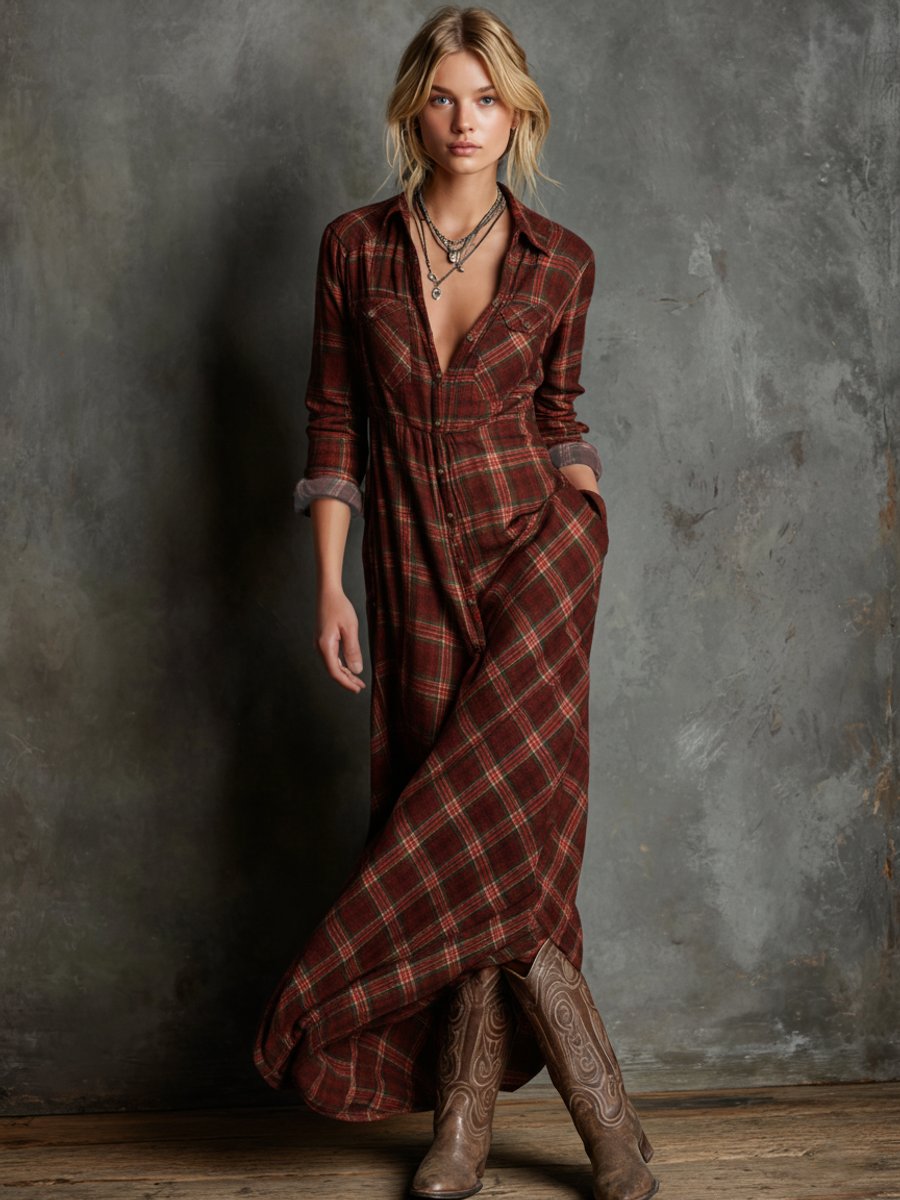 Emma | Robes Formelles Maxi Chemise en Flanelle à Carreaux pour Femmes