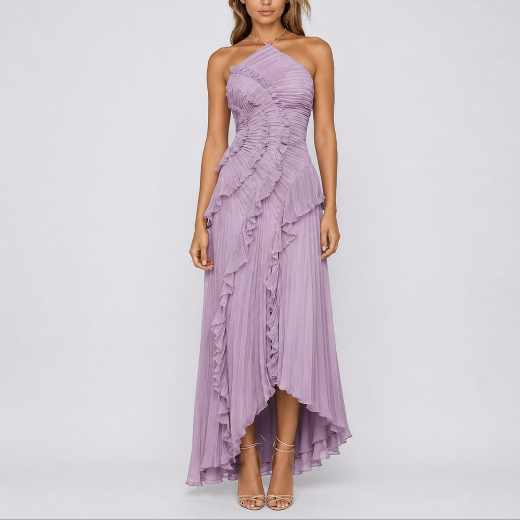 Mia | Robe maxi à volants plissés pour femme, décolleté halter, invitée à un mariage d'automne