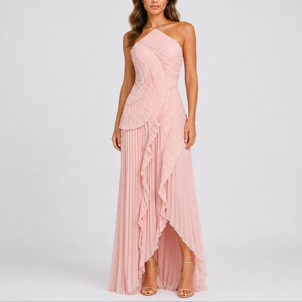 Mia | Robe maxi à volants plissés pour femme, décolleté halter, invitée à un mariage d'automne