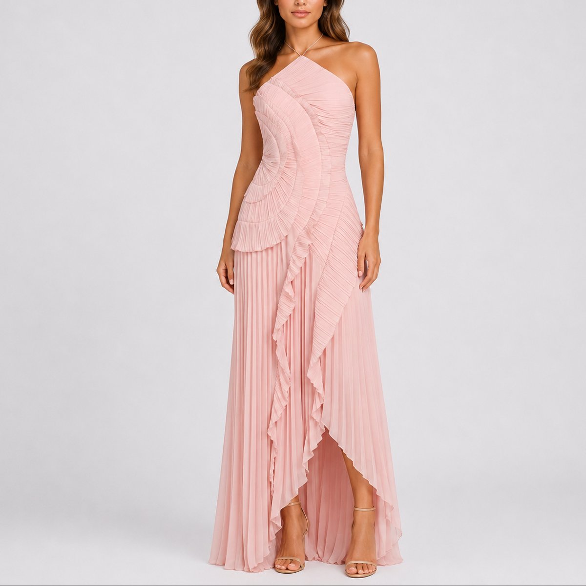 Mia | Robe maxi à volants plissés pour femme, décolleté halter, invitée à un mariage d'automne