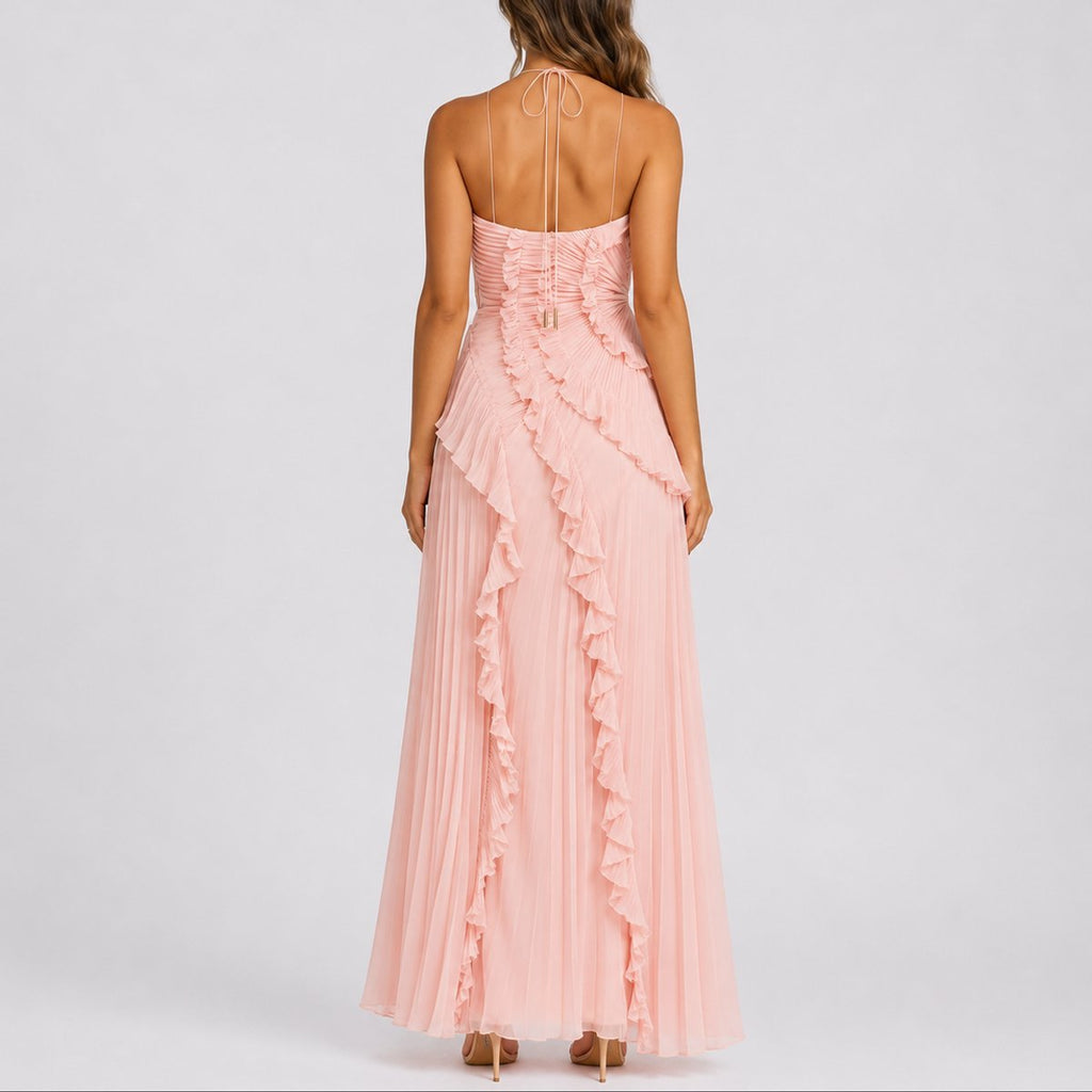 Mia | Robe Maxi à Volants Plissés pour Femmes, Halter, Invité de Mariage Automne