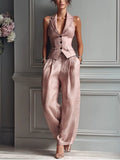 Olivia | Pantalon large plissé pour femmes avec gilet à revers en lin - Ensemble deux pièces