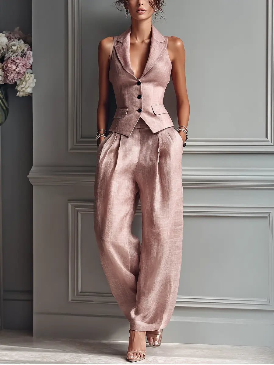 Olivia | Pantalon large plissé pour femmes avec gilet à revers en lin - Ensemble deux pièces