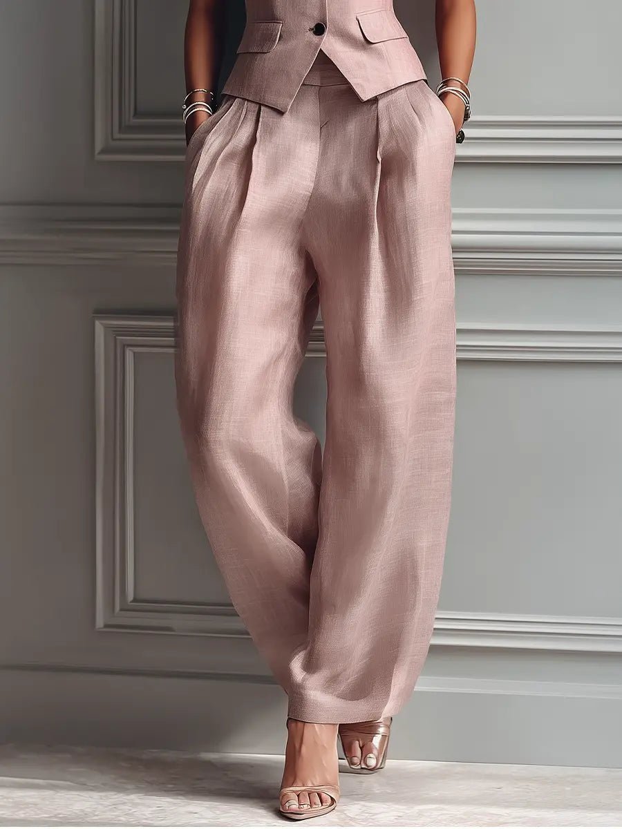 Olivia | Pantalon large plissé pour femmes avec gilet à revers en lin - Ensemble deux pièces