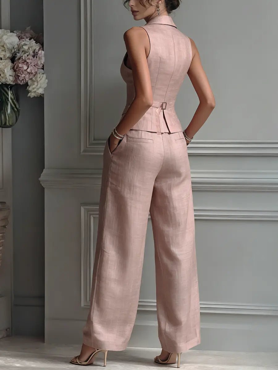 Olivia | Pantalon large plissé pour femmes avec gilet à revers en lin - Ensemble deux pièces