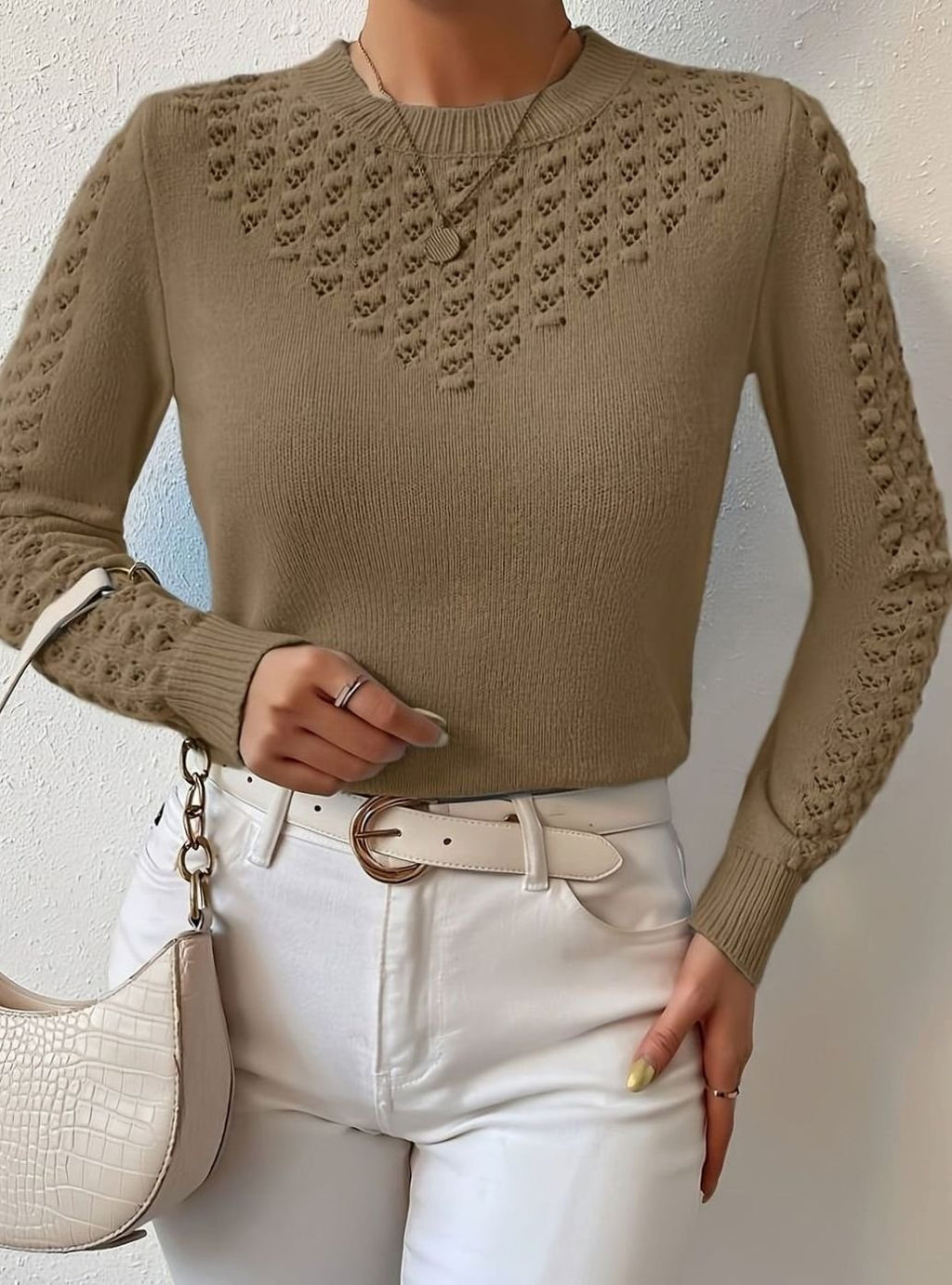 Layla | Pull à col rond en tricot pointelle pour femmes à manches longues