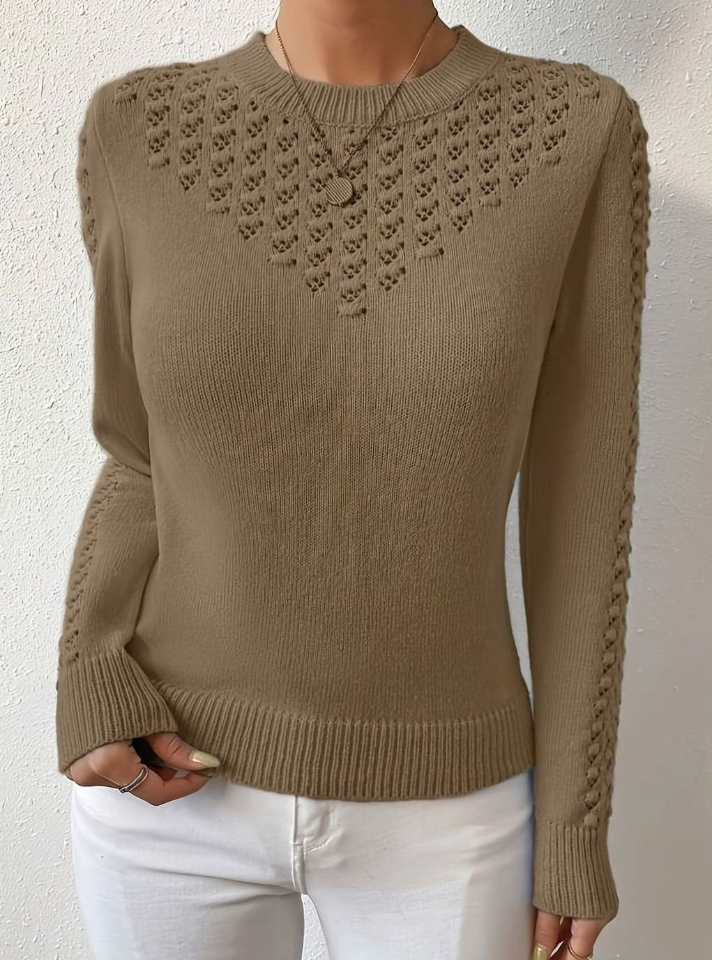 Layla | Pull à col rond en tricot pointelle pour femmes à manches longues