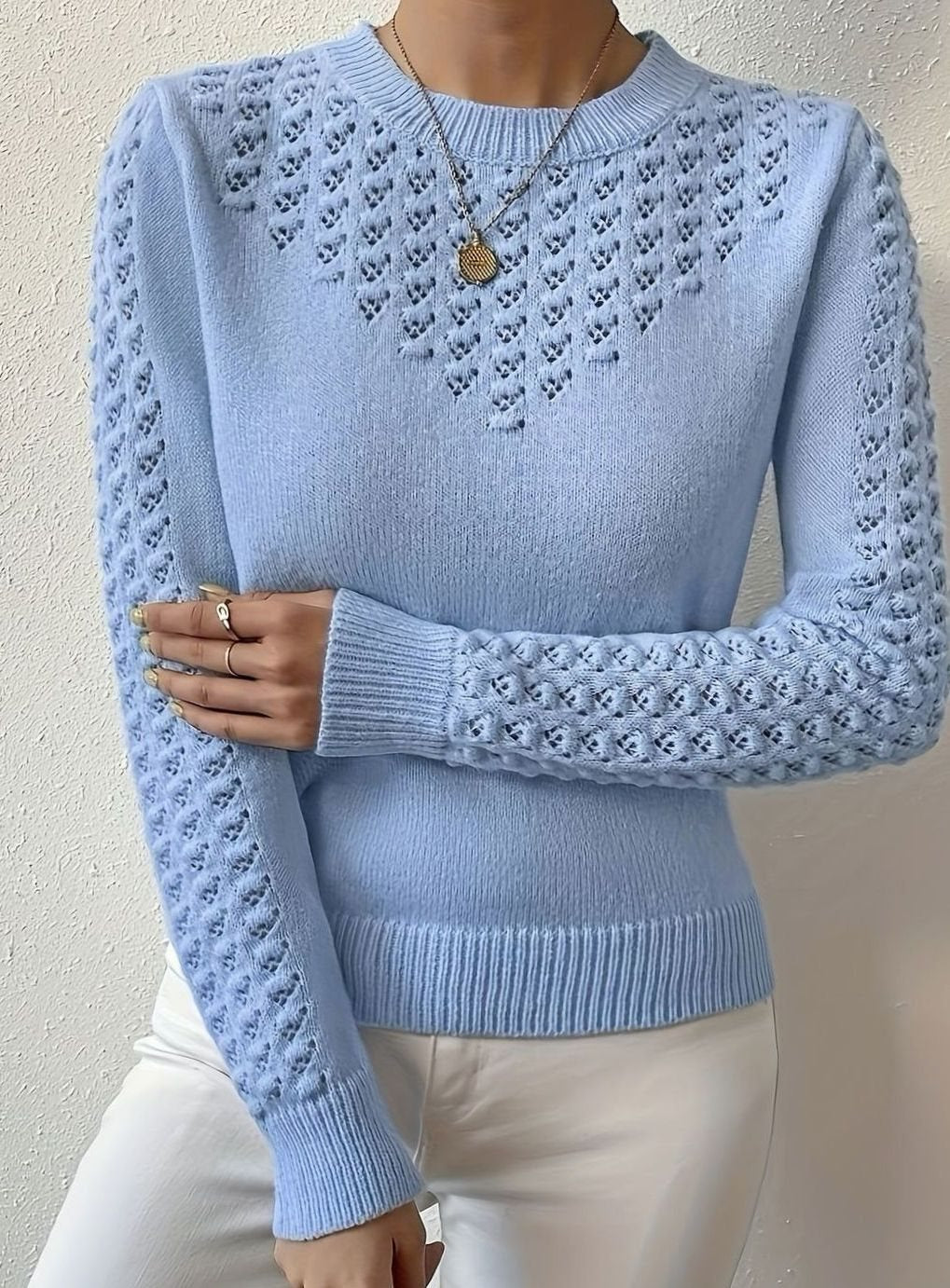 Layla | Pull à col rond en tricot pointelle pour femmes à manches longues