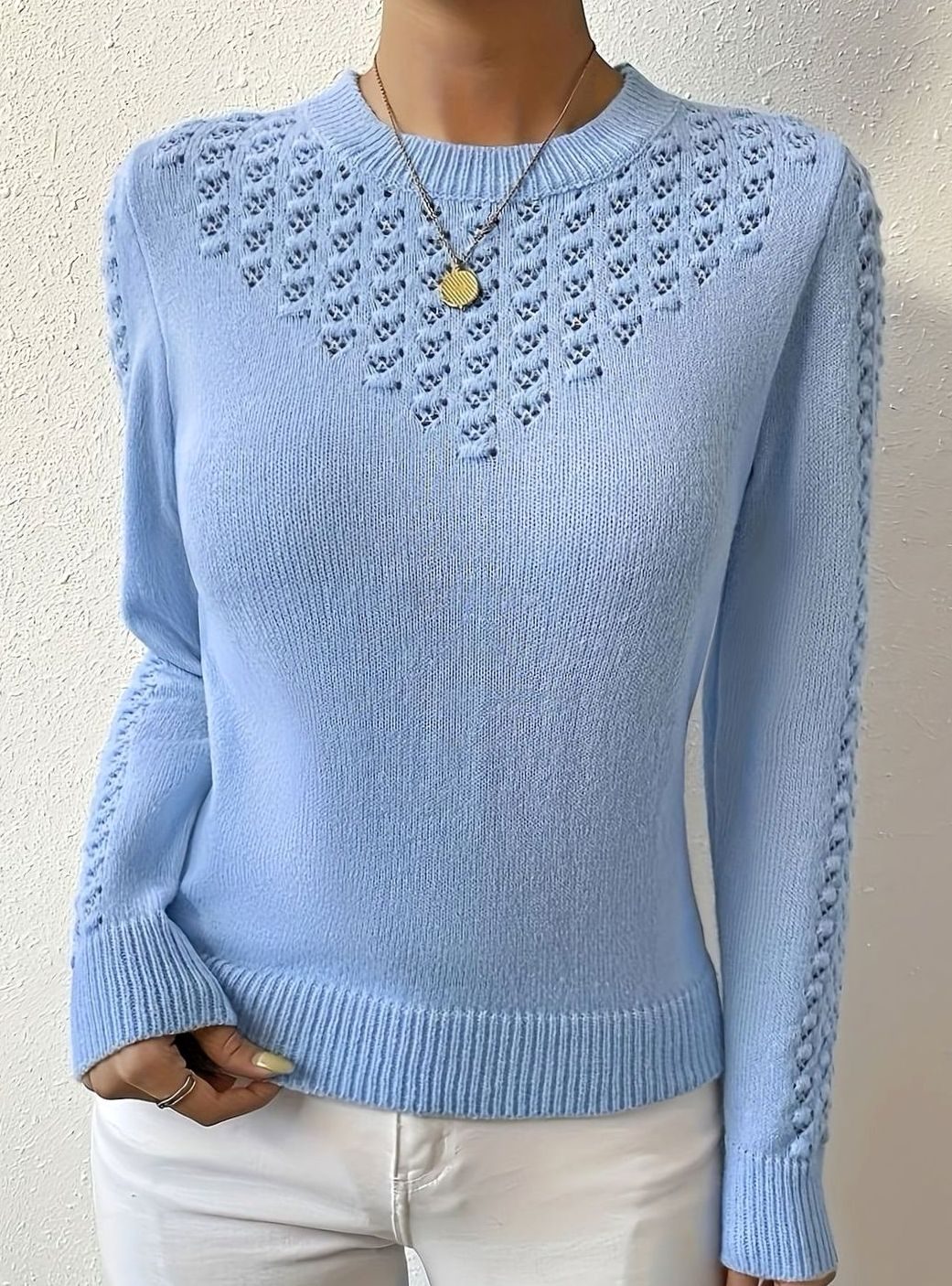 Layla | Pull à col rond en tricot pointelle pour femmes à manches longues