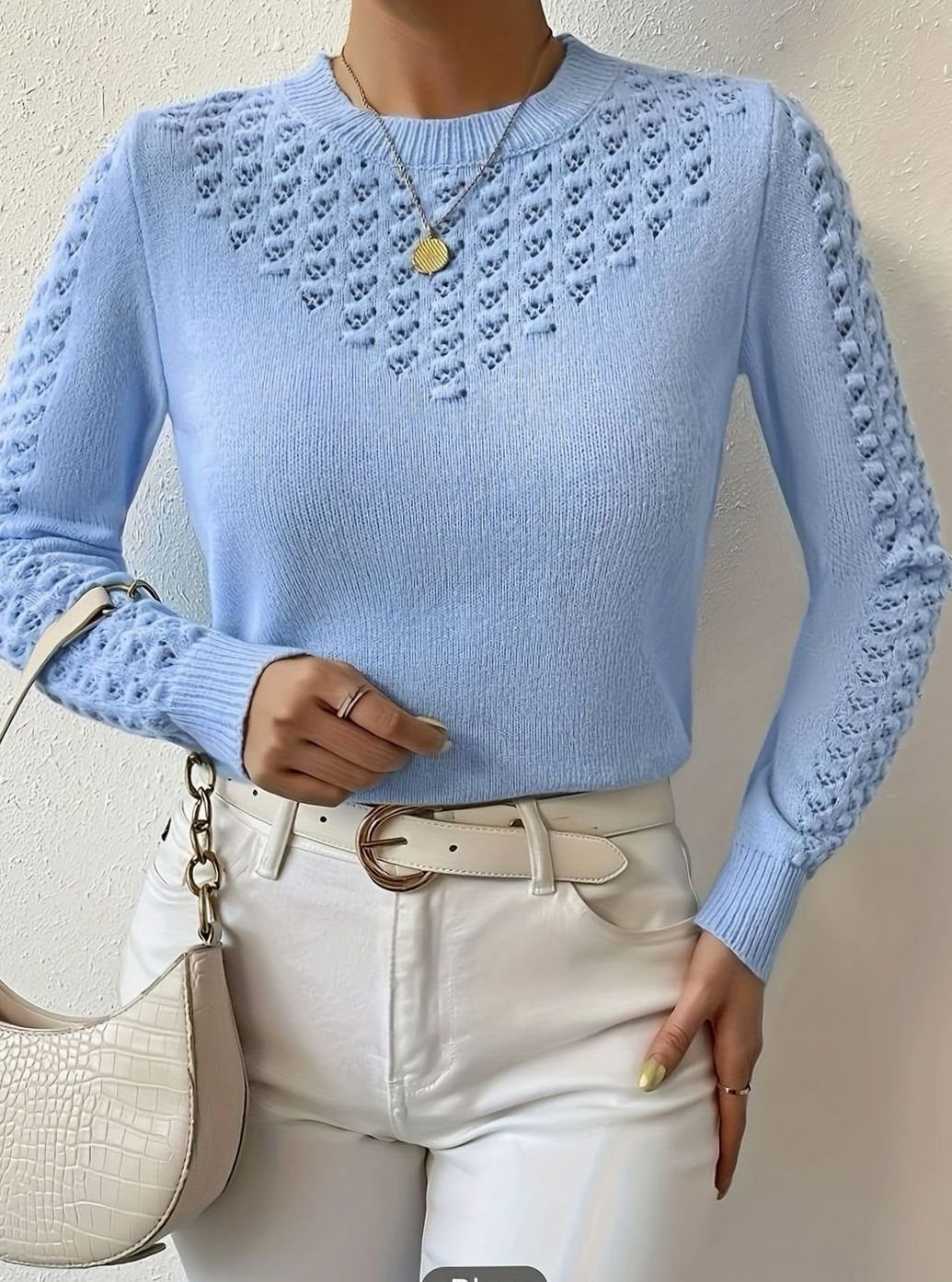Layla | Pull à col rond en tricot pointelle pour femmes à manches longues