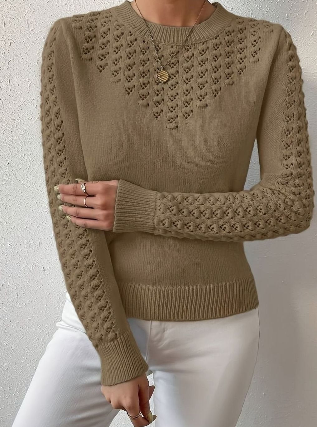 Layla | Pull à col rond en tricot pointelle pour femmes à manches longues