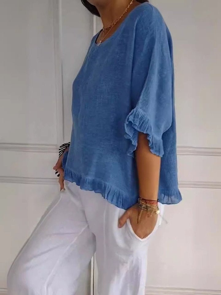 Scarlett | Blouse en lin à manches courtes avec ourlet effiloché pour femmes