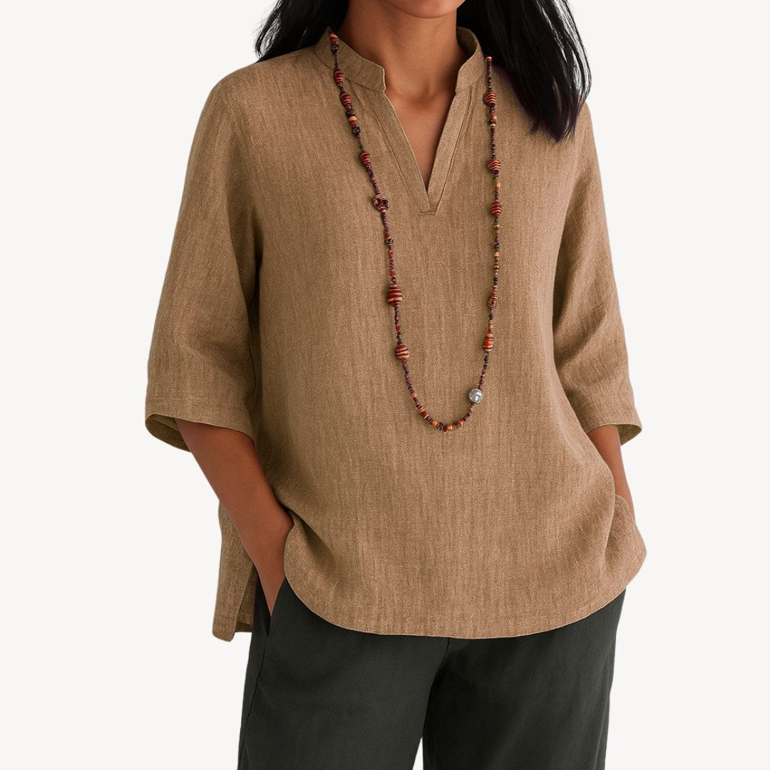 Victoria | Blouse tunique en lin à manches 3/4 et décolleté en V pour femmes