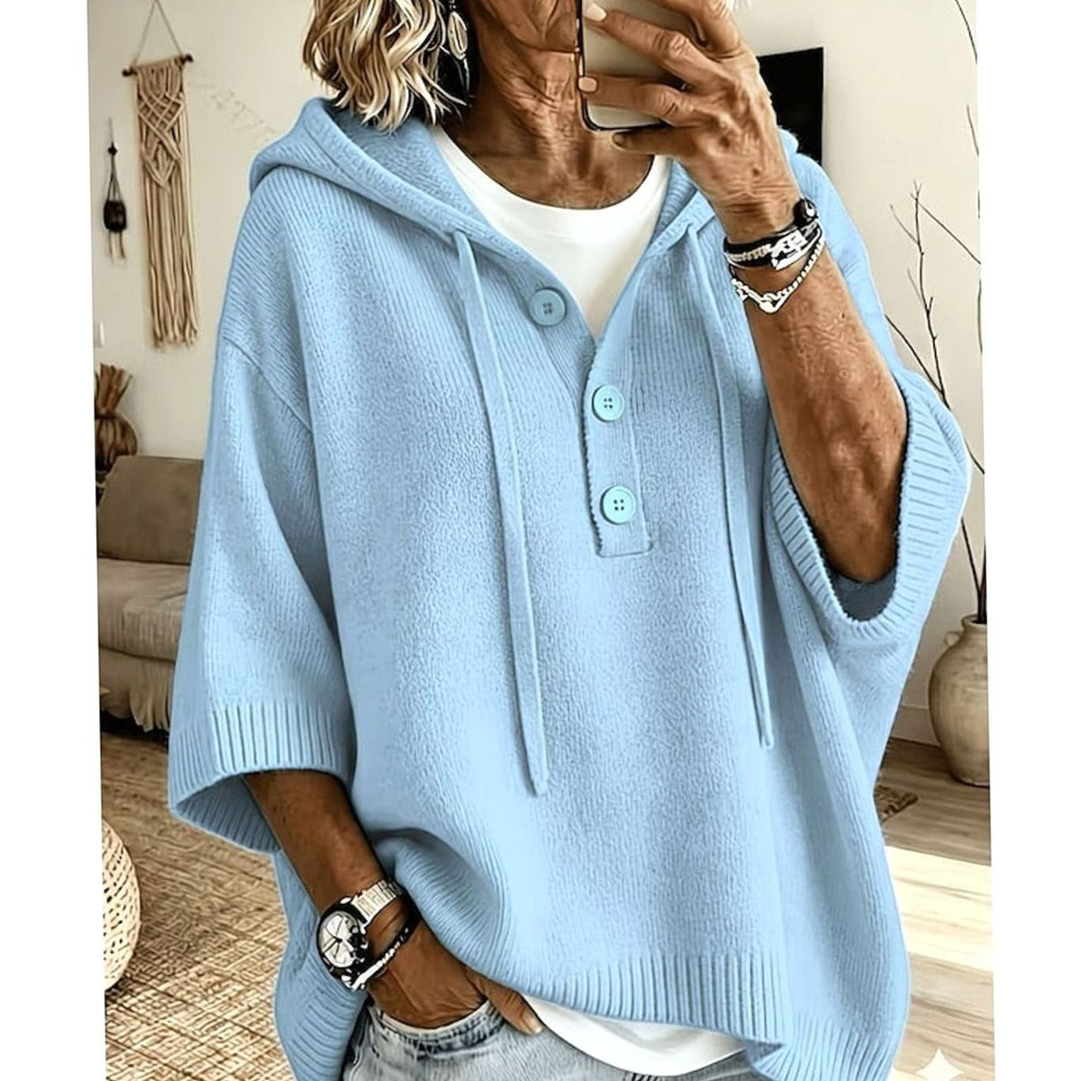 Charlotte | Pull en maille à capuche relaxé pour femmes, à demi-boutons, manches 3/4