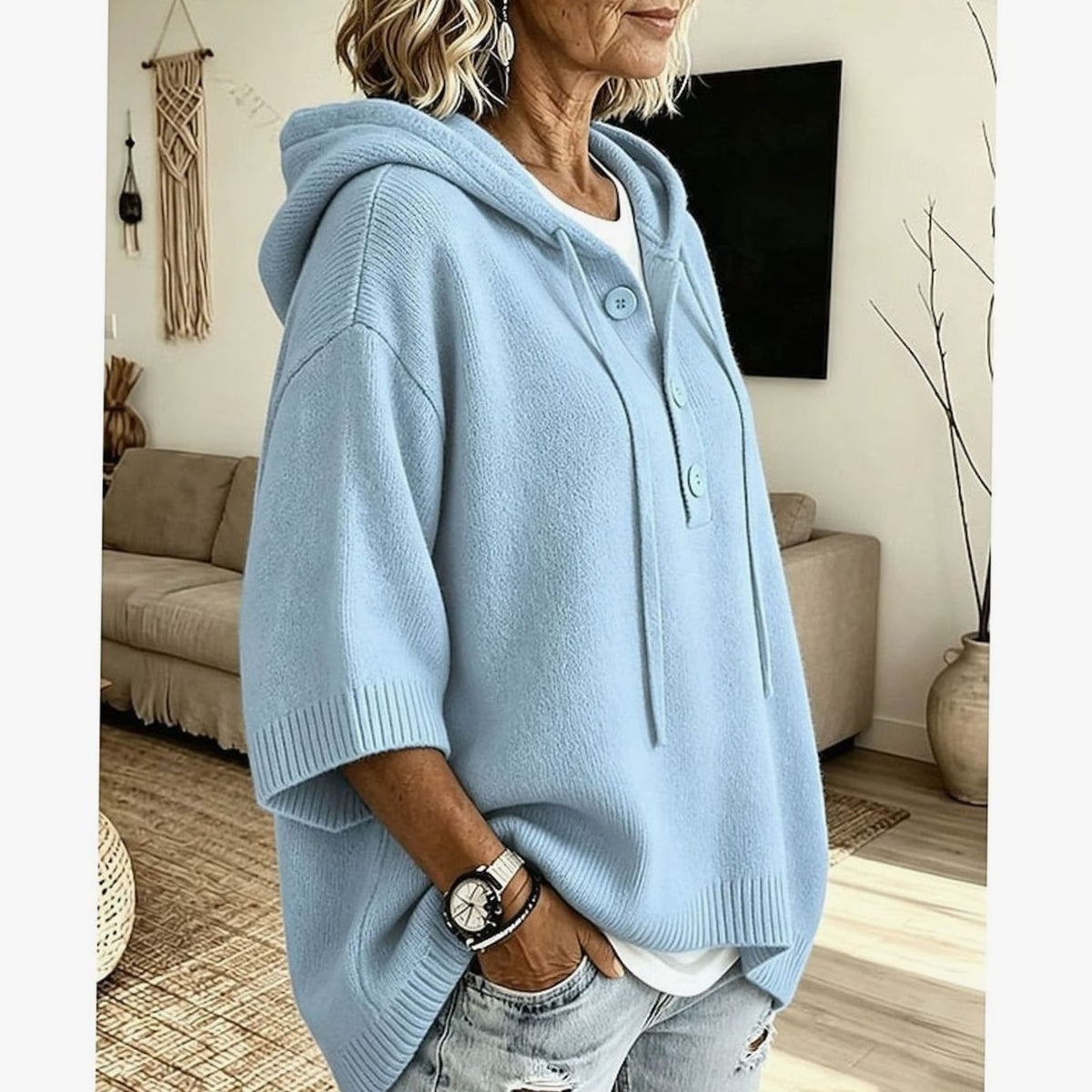 Charlotte | Pull en maille à capuche relaxé pour femmes, à demi-boutons, manches 3/4
