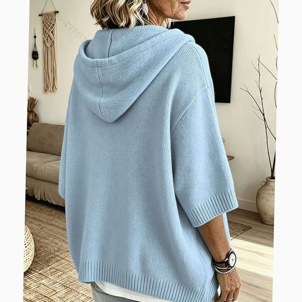 Charlotte | Pull en maille à capuche relaxé pour femmes, à demi-boutons, manches 3/4
