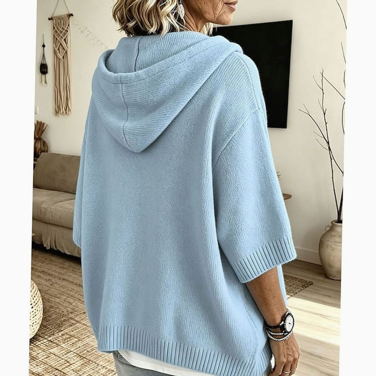 Charlotte | Pull en maille à capuche relaxé pour femmes, à demi-boutons, manches 3/4