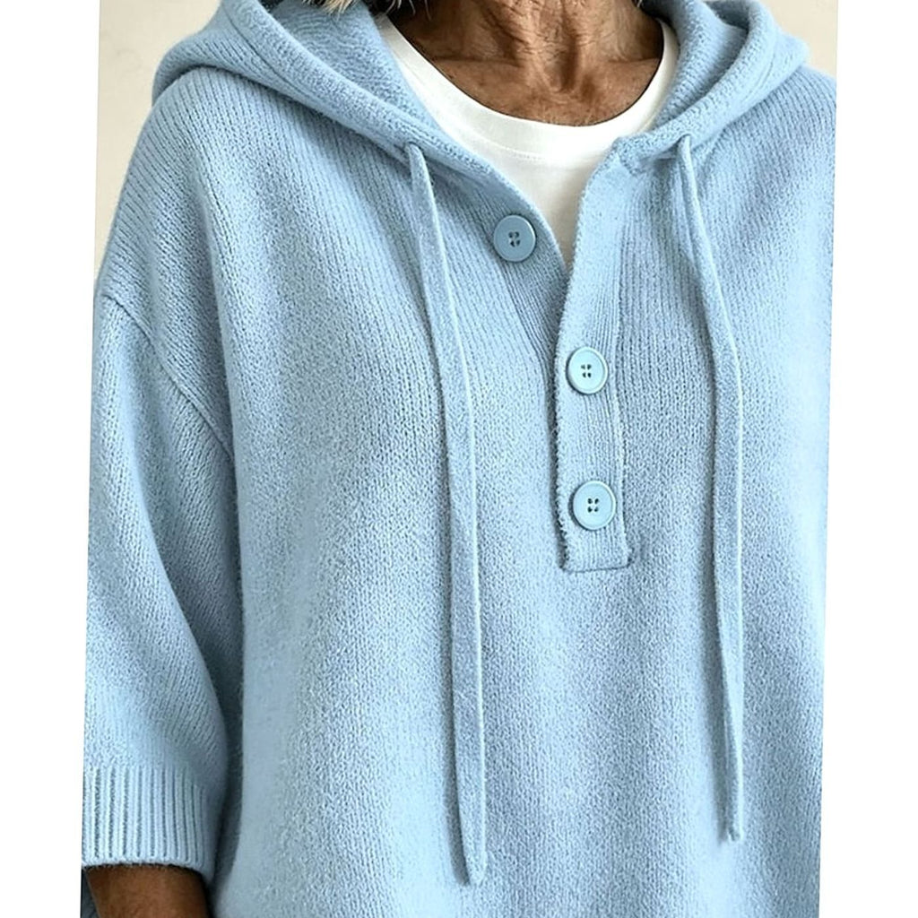 Charlotte | Pull en maille à capuche relaxé pour femmes, à demi-boutons, manches 3/4
