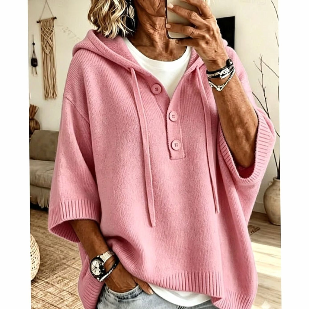 Charlotte | Pull en maille à capuche relaxé pour femmes, à demi-boutons, manches 3/4
