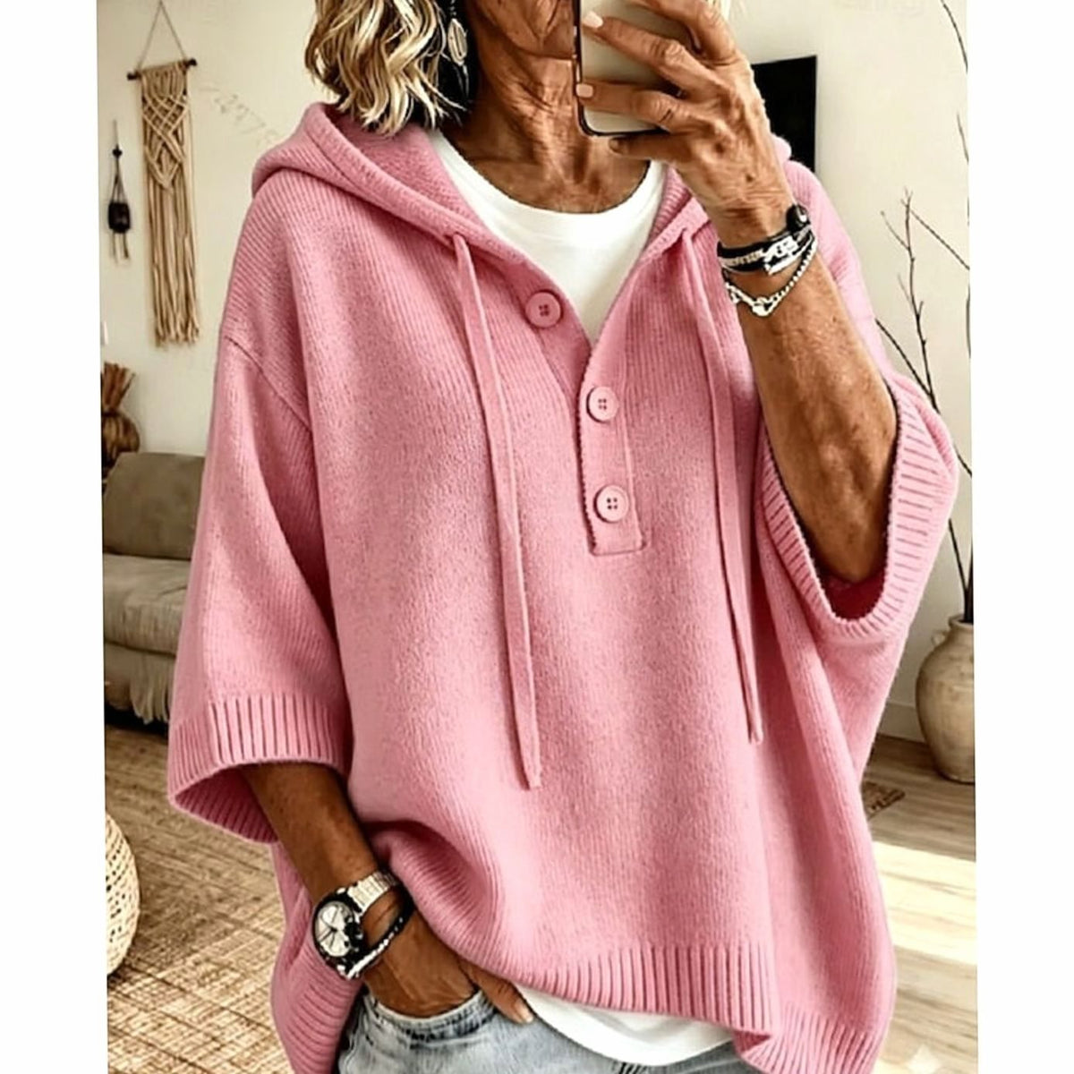 Charlotte | Pull en maille à capuche relaxé pour femmes, à demi-boutons, manches 3/4