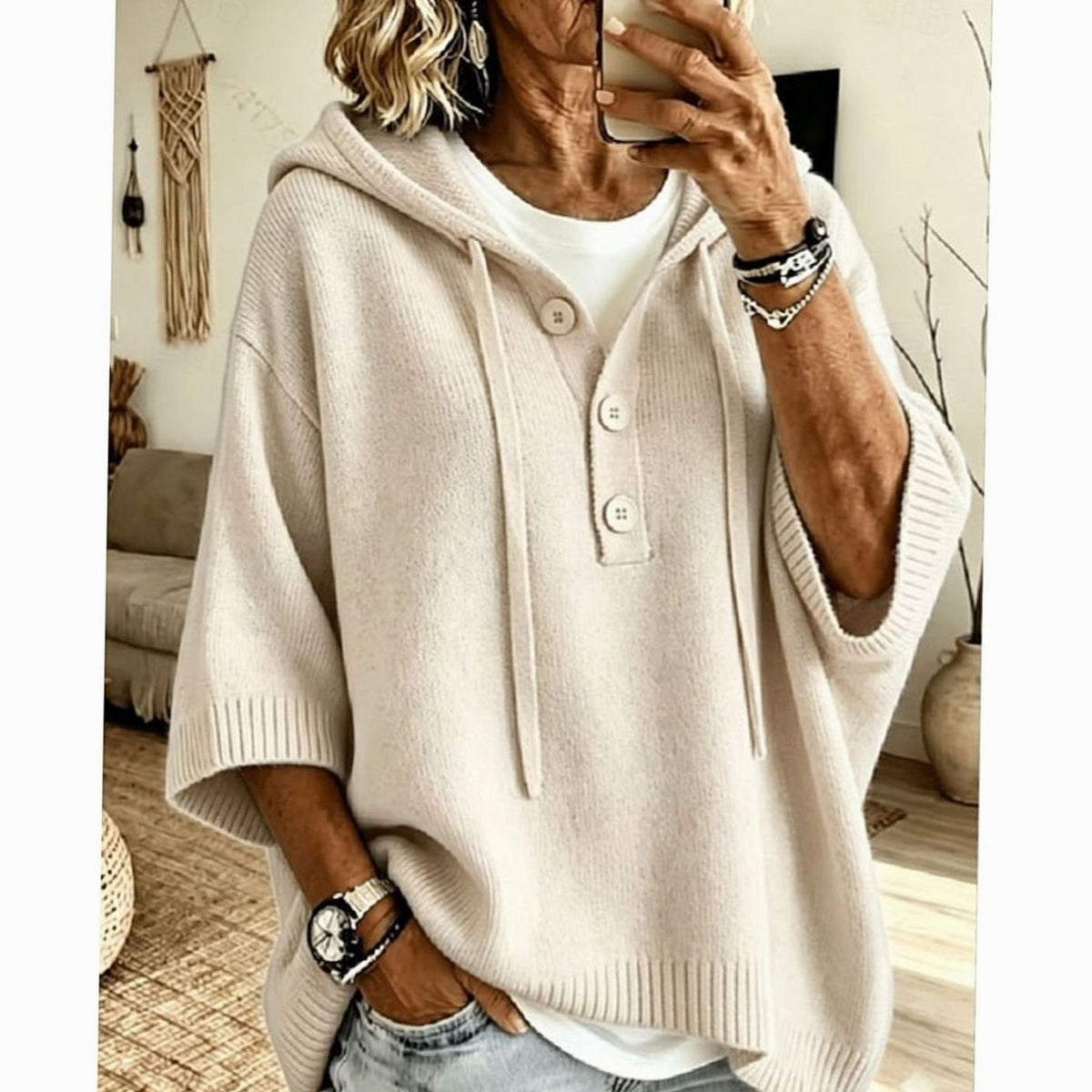 Charlotte | Pull en maille à capuche relaxé pour femmes, à demi-boutons, manches 3/4