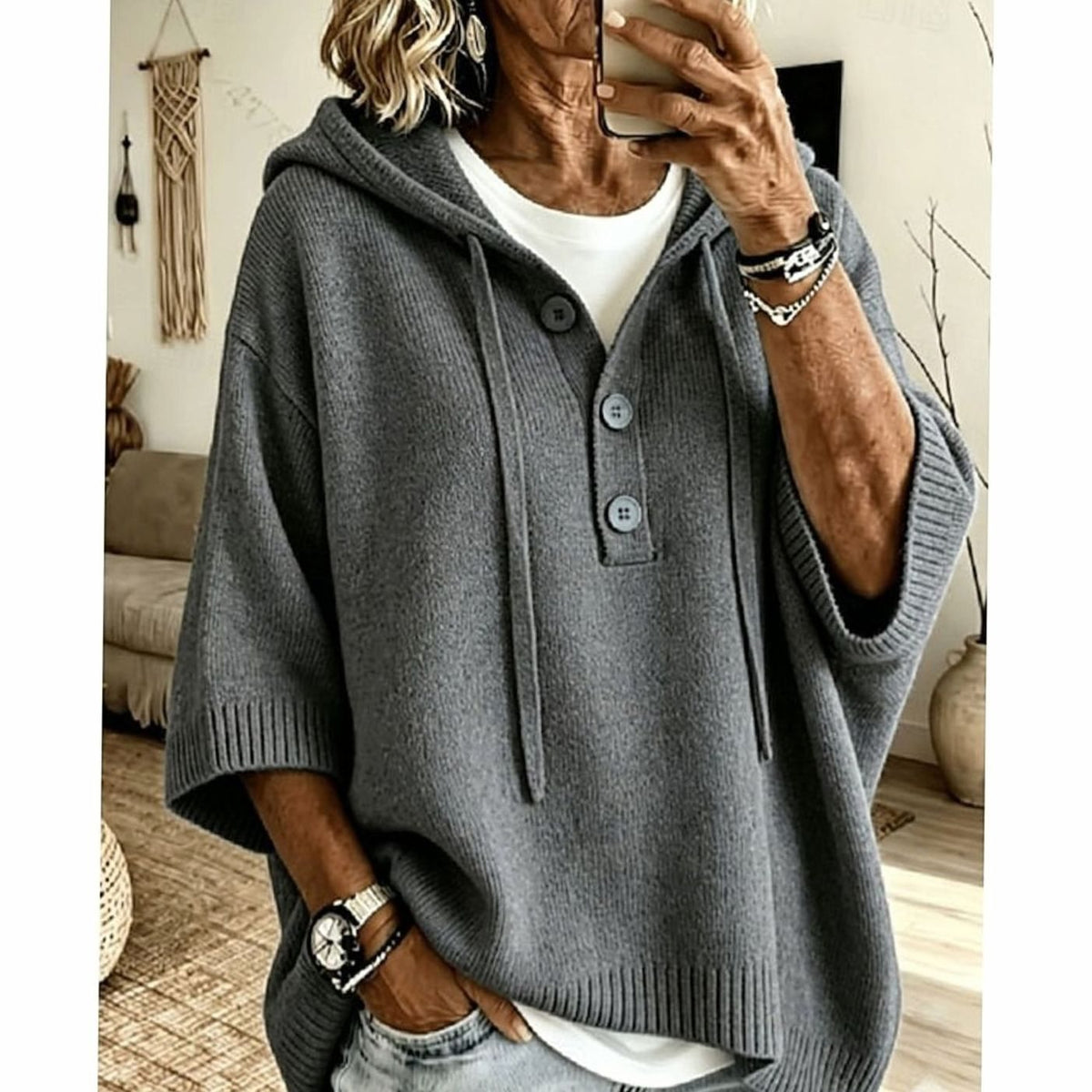 Charlotte | Pull en maille à capuche relaxé pour femmes, à demi-boutons, manches 3/4