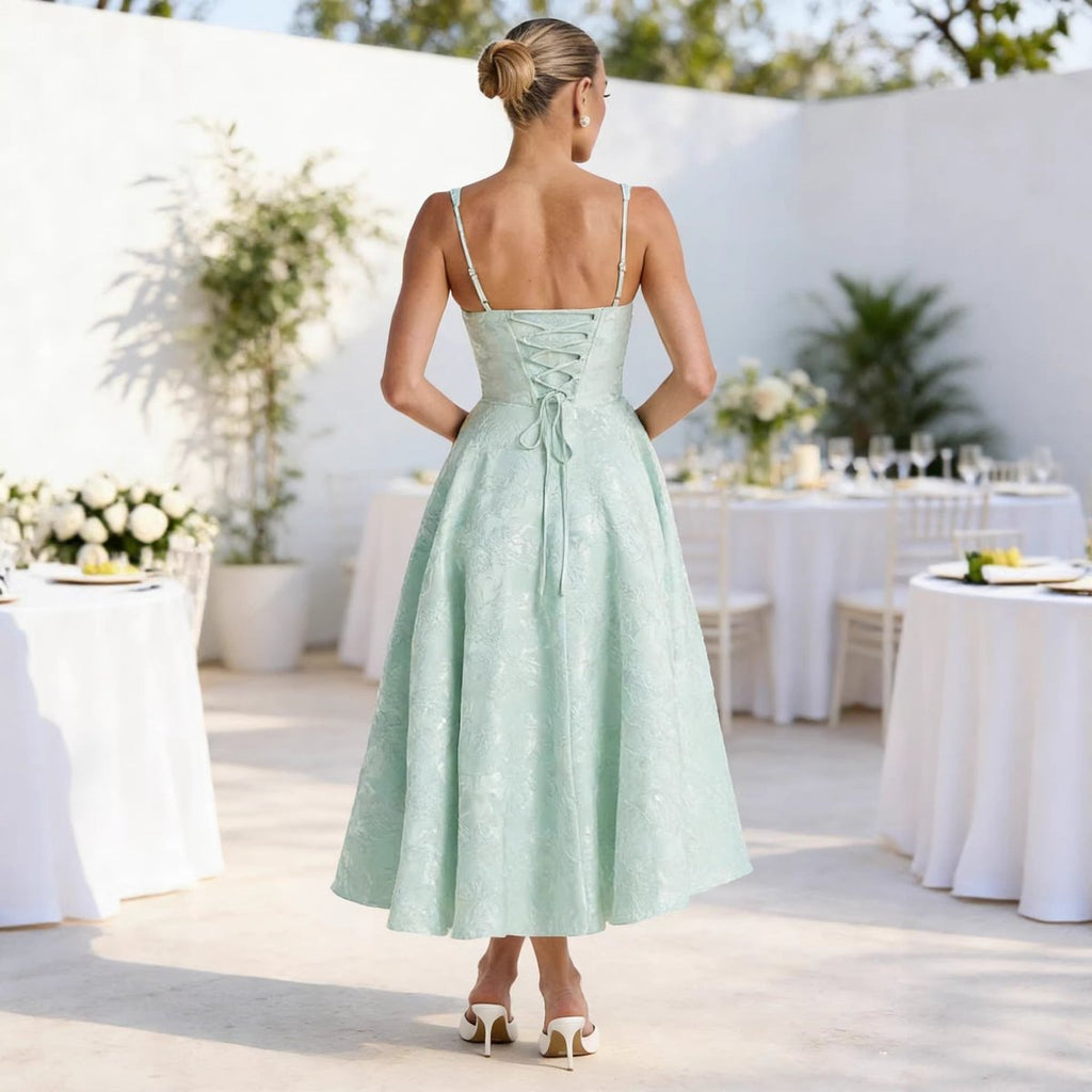 Luna | Robe de Cocktail Midi à Corsage Froncé en Jacquard pour Femme Jupe Évasée