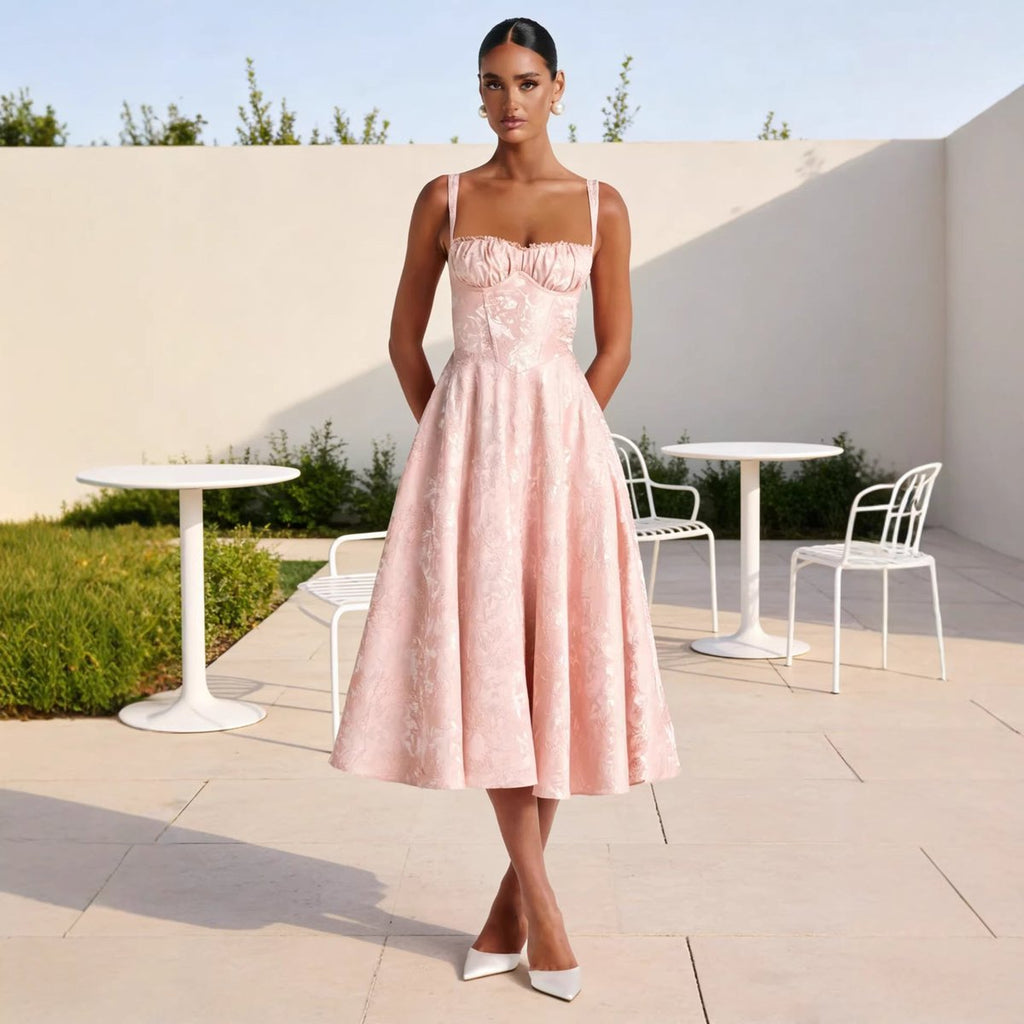 Luna | Robe de cocktail midi en jacquard à corsage froncé pour femmes, jupe évasée
