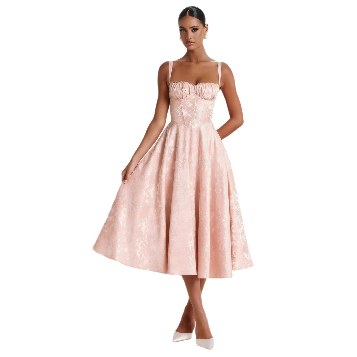 Luna | Robe de Cocktail Midi à Corsage Froncé en Jacquard pour Femme Jupe Évasée