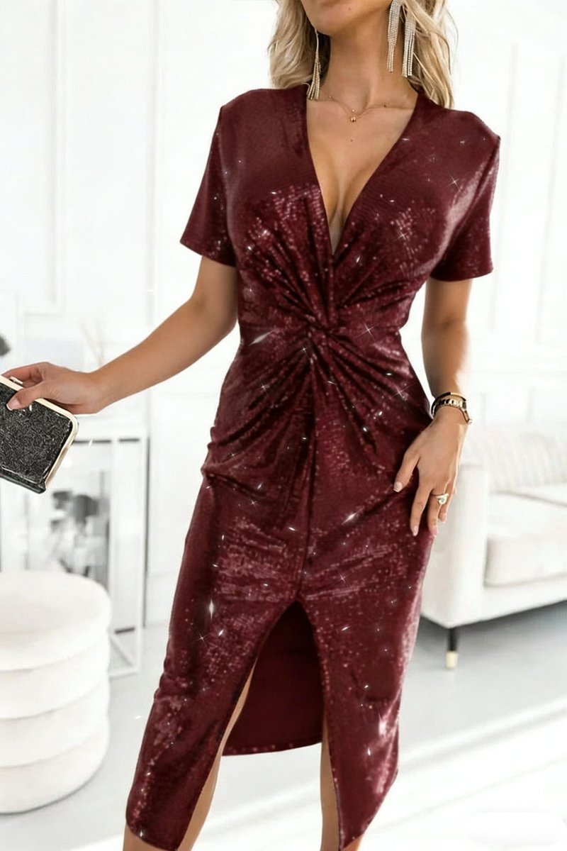 Harper | Robe cocktail midi à sequins avec décolleté en V profond et devant noué pour femmes