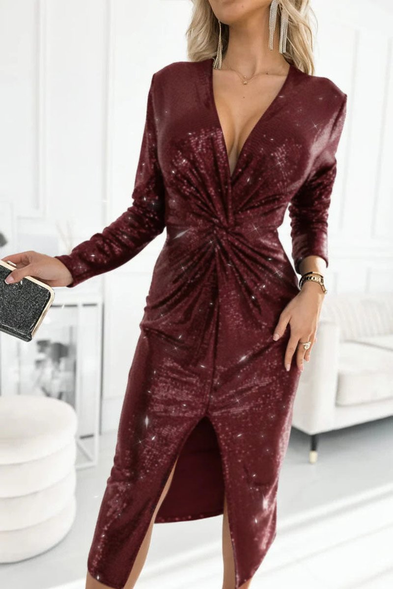 Harper | Robe cocktail midi à sequins avec décolleté en V profond et devant noué pour femmes