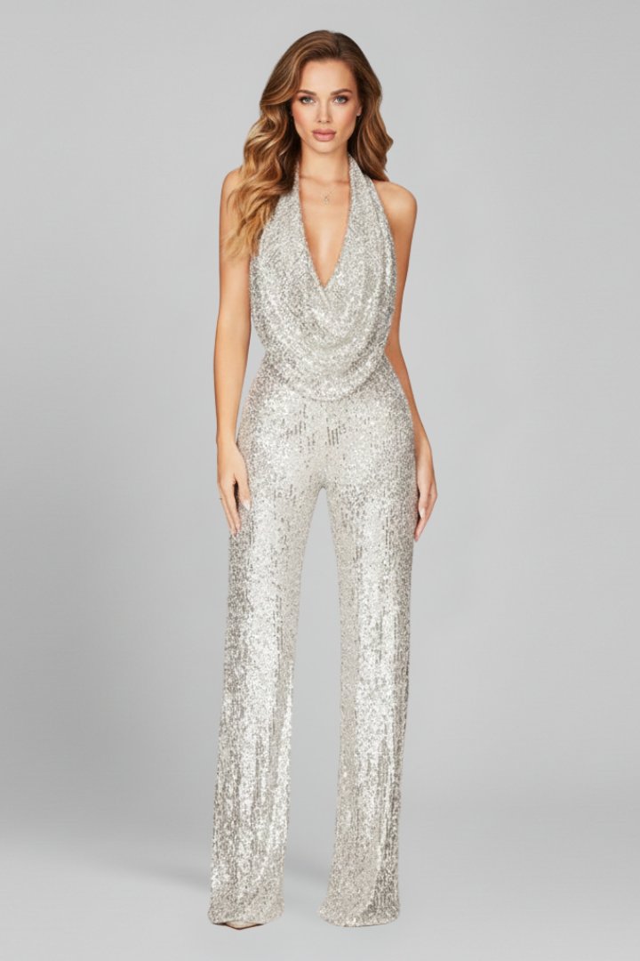 Sophia | Combinaison Pantalon Large à Paillettes à Col Halter pour Femme