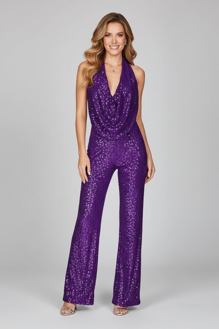Sophia | Combinaison Pantalon Large à Paillettes à Col Halter pour Femme