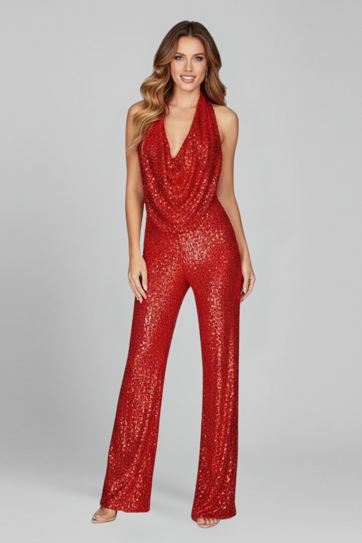 Sophia | Combinaison Pantalon Large à Paillettes à Col Halter pour Femme