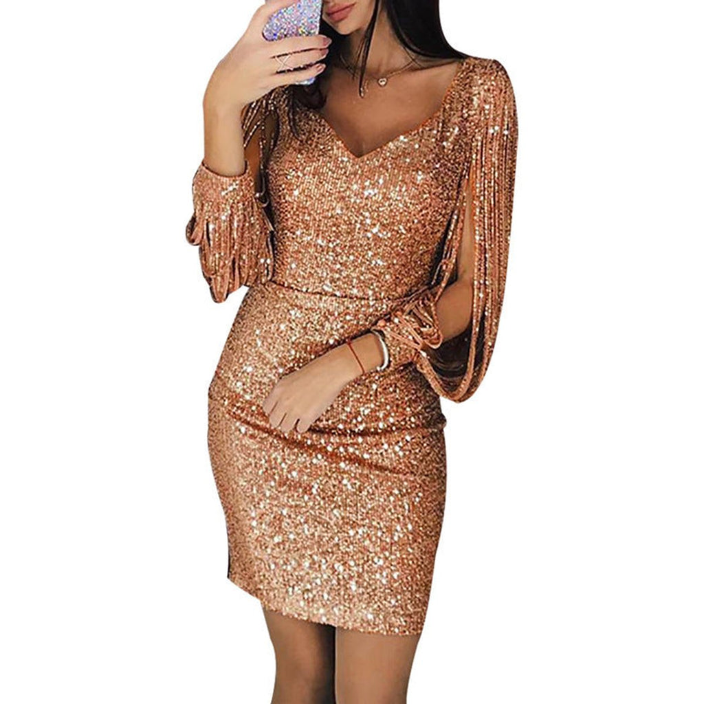 Sophia | Robe de cocktail bodycon à manches à franges en sequins pour femmes
