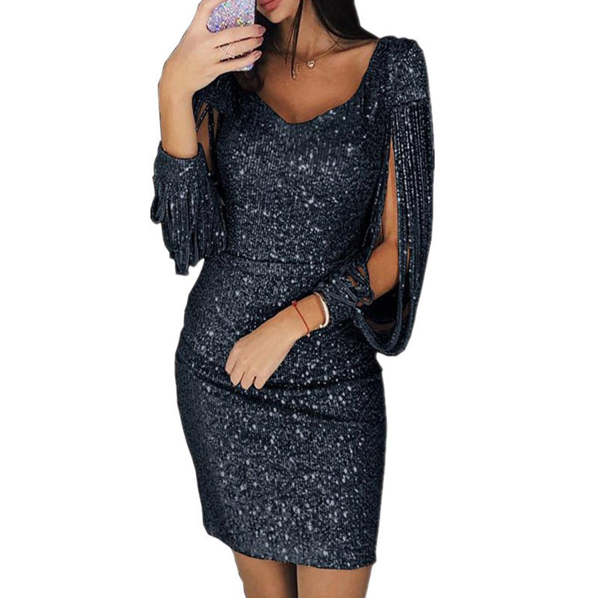 Sophia | Robe de cocktail bodycon à manches à franges en sequins pour femmes