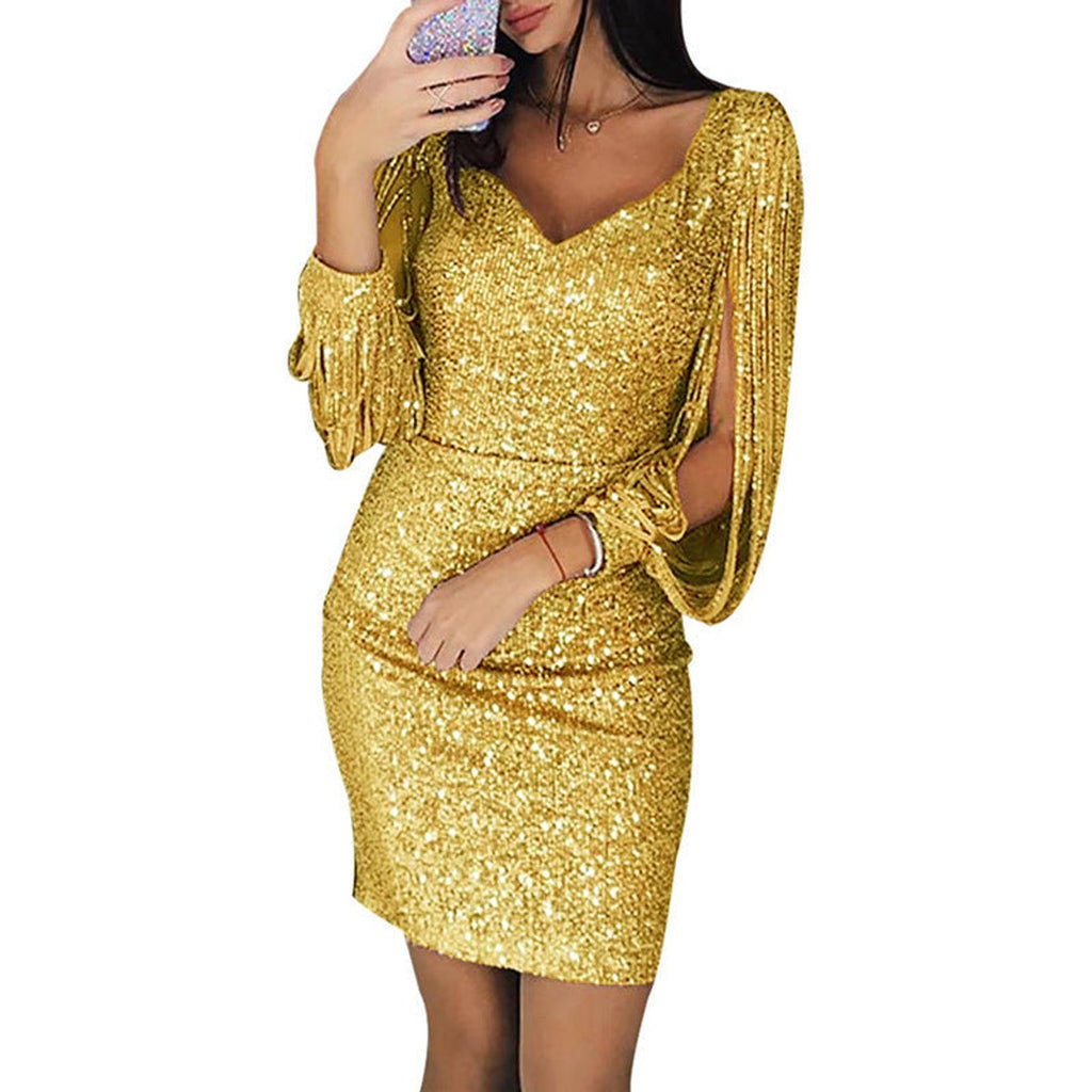 Sophia | Robe de cocktail bodycon à manches à franges en sequins pour femmes