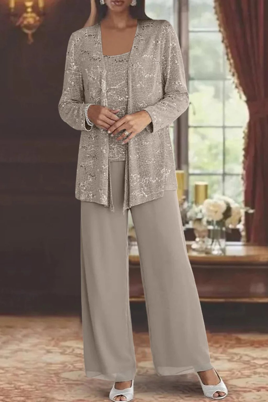 Luna | Costume Pantalon Large à Sequins en Trois Pièces pour Femmes à Manches Longues