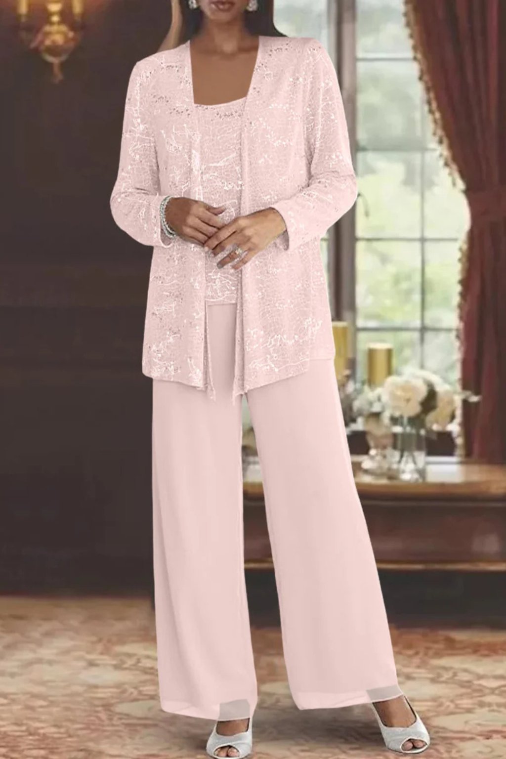 Luna | Costume Pantalon Large à Sequins en Trois Pièces pour Femmes à Manches Longues