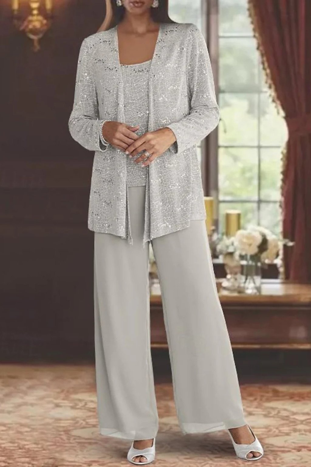 Luna | Costume Pantalon Large à Sequins en Trois Pièces pour Femmes à Manches Longues