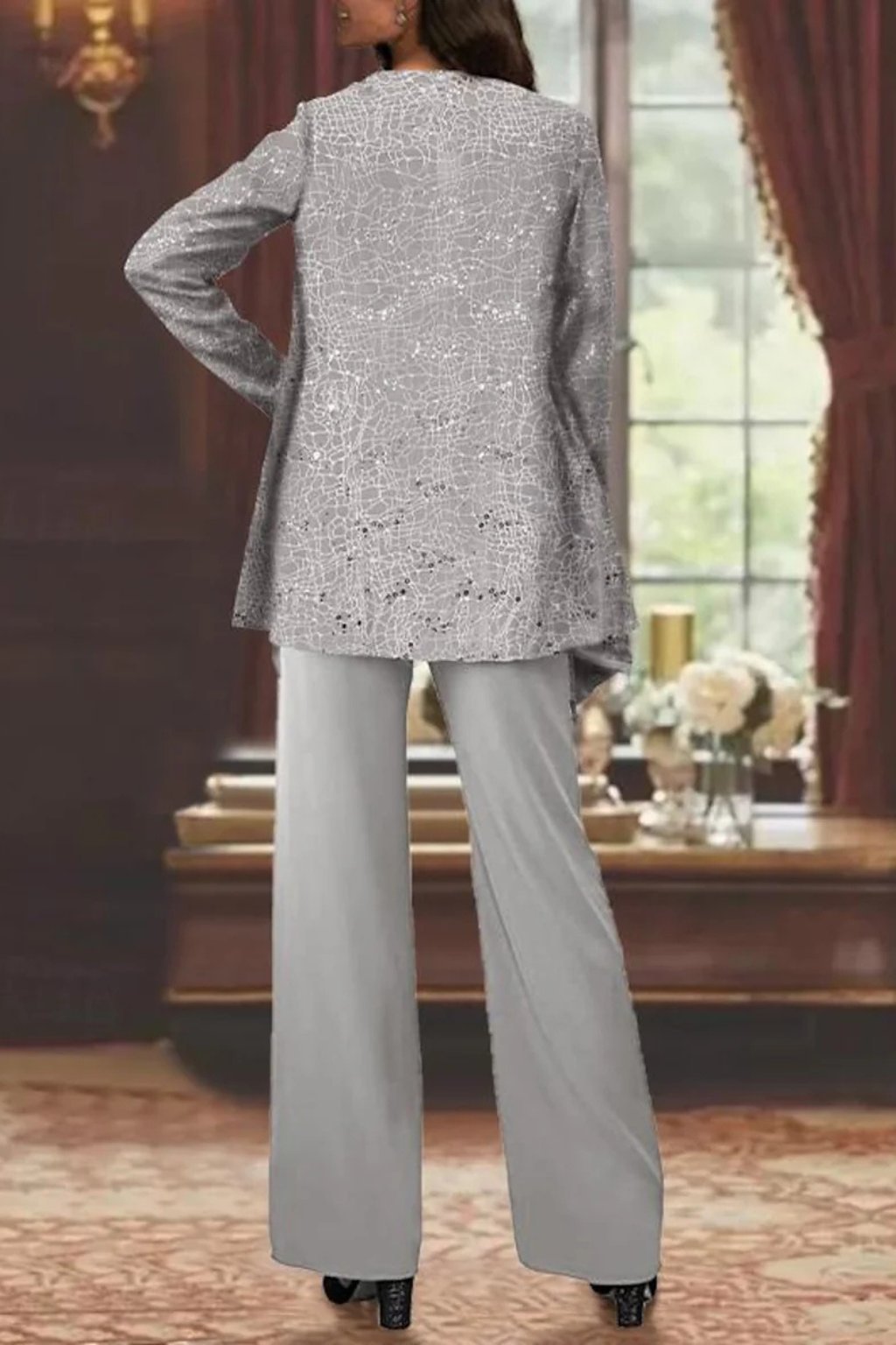Luna | Costume Pantalon Large à Sequins en Trois Pièces pour Femmes à Manches Longues