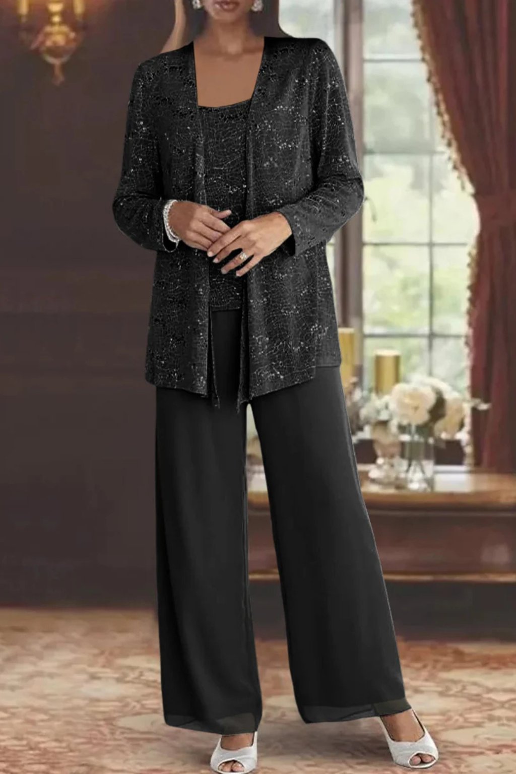 Luna | Costume Pantalon Large à Sequins en Trois Pièces pour Femmes à Manches Longues