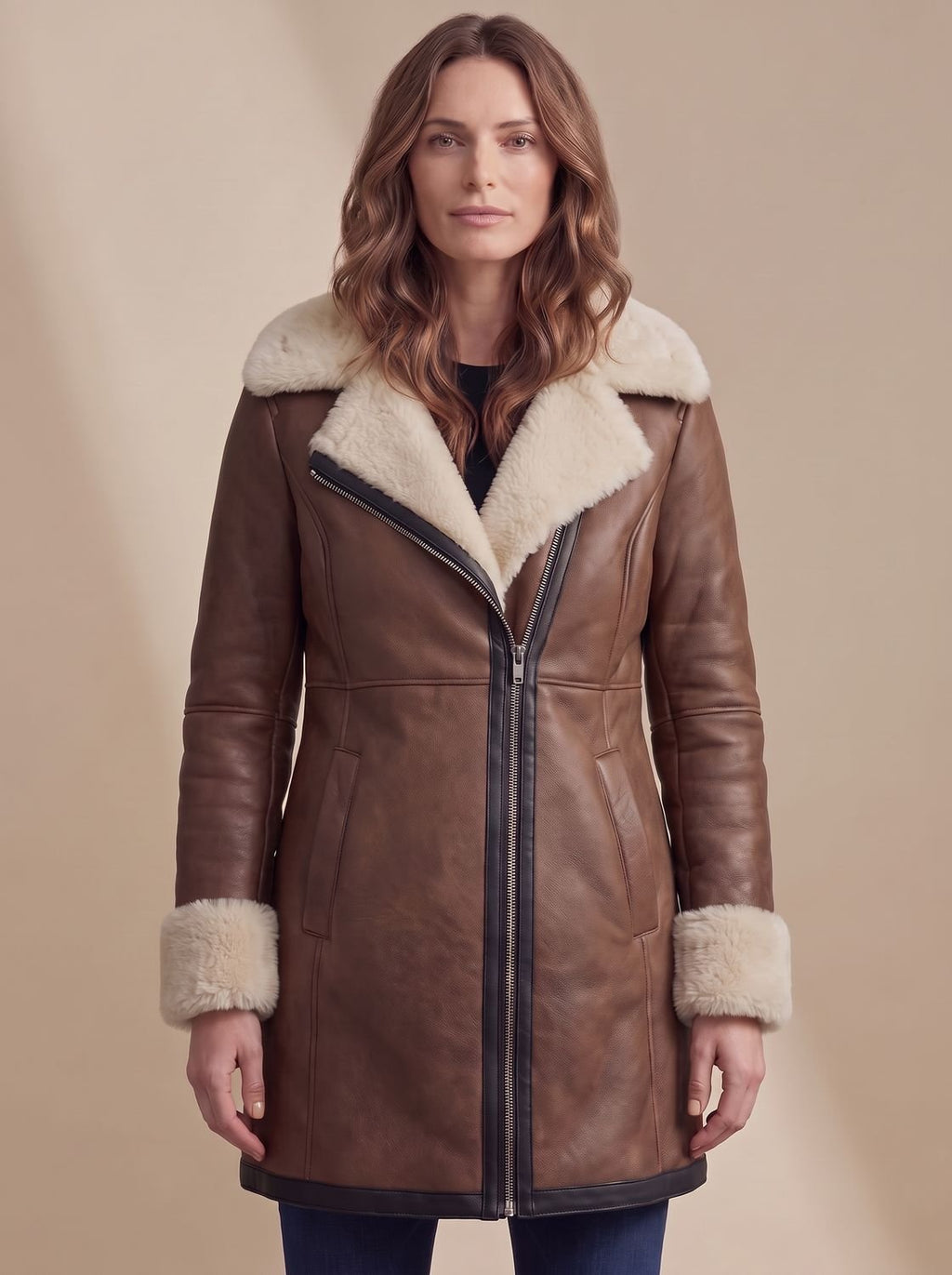 Aria | Manteau d'hiver en cuir avec col en peau de mouton pour femmes