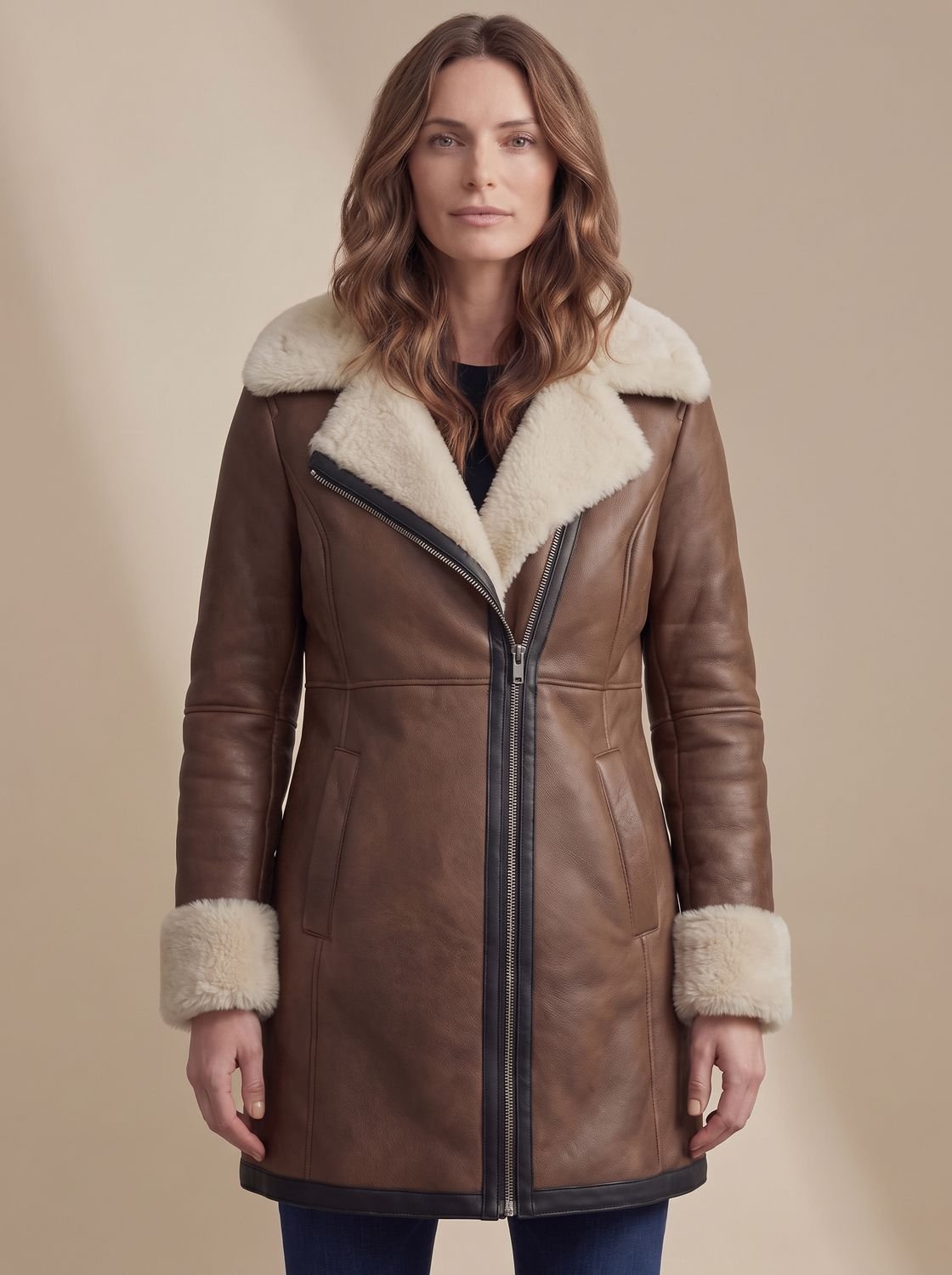 Aria | Manteau d'hiver en cuir avec col en peau de mouton pour femmes